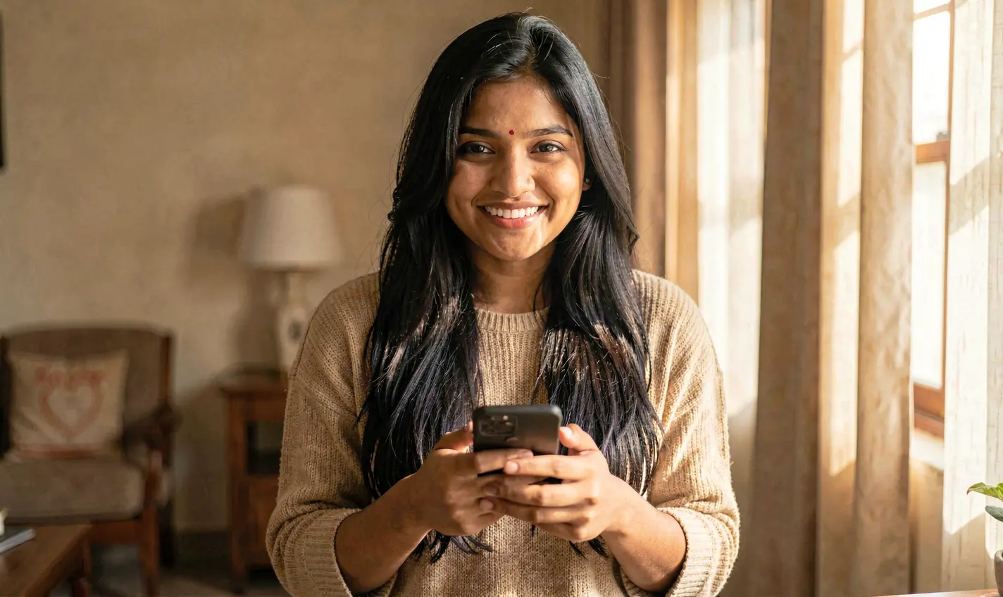 Confident Bangladeshi woman smiling while using the 388TK casino app on her smartphone in a cozy indoor setting
