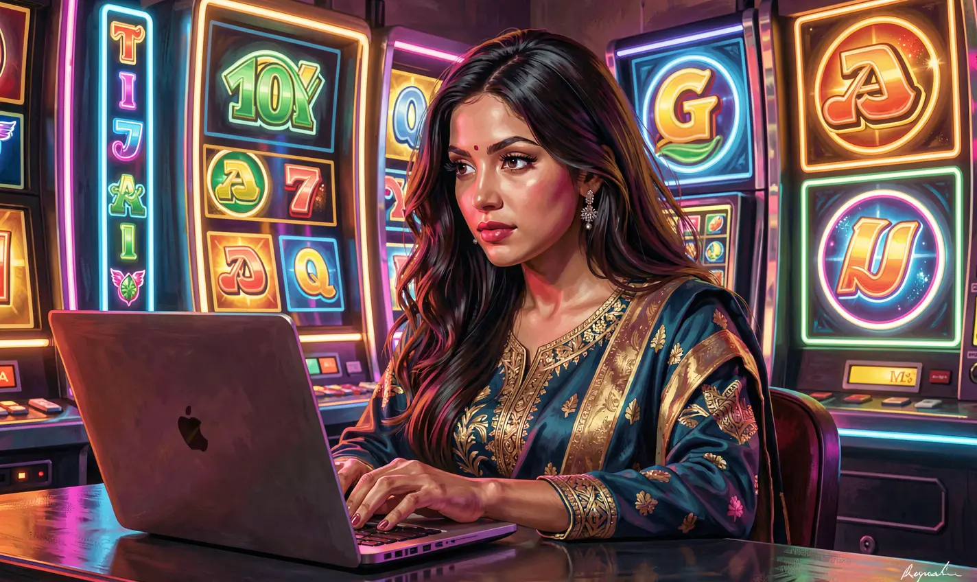 388TK Games – Explore an exciting world of online casino entertainment in Bangladesh Focused Bangladeshi player enjoying colorful online casino games on a laptop with vibrant neon visuals representing the 388TK gaming environment