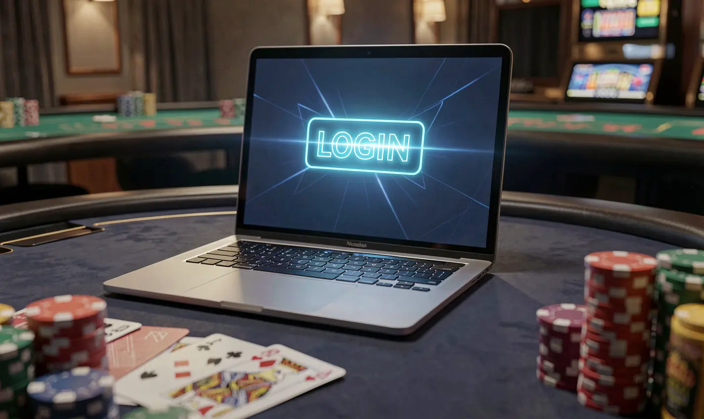 Close up of a laptop on a casino table with poker chips and cards showing the 388TK login screen for secure player access in Bangladesh